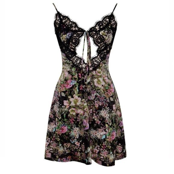 Lia Floral Lace Trim Satin Mini Dress – Floral Print, Sexy Lace Up - Picture 5 of 8
